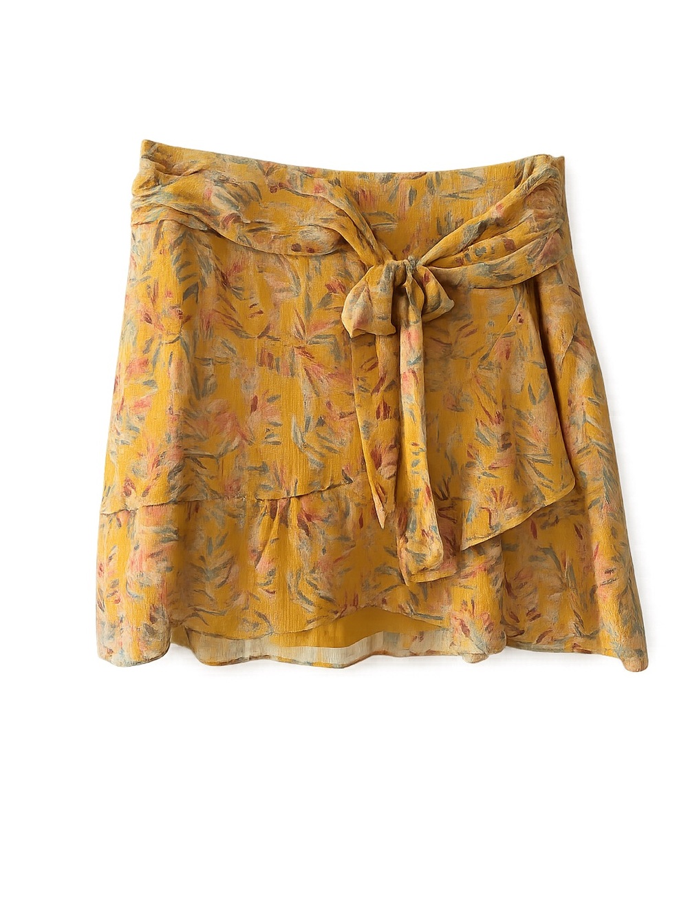 Sezane Silk Metallic Floral Mini Skirt Yellow Tie Front size FR 40/ US 6-8